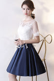 Dark Blue Knee Length Satin Homecoming Dresses with Short Sleeves Short Prom Dresses with Lace N2223
