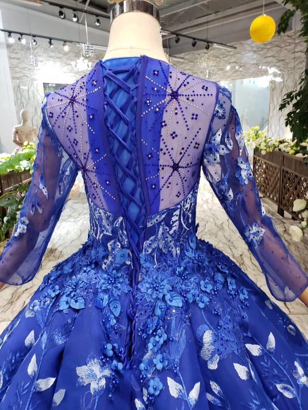 Blue Ball Gown Floral Prom Dresses with Long Sleeves Appliqued Long Quinceanera Dresses N1638