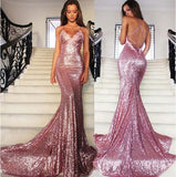 Gorgeous Rose Gold Spaghetti Straps V-neck Mermaid Sequins Sweep Train Prom Dresses N404
