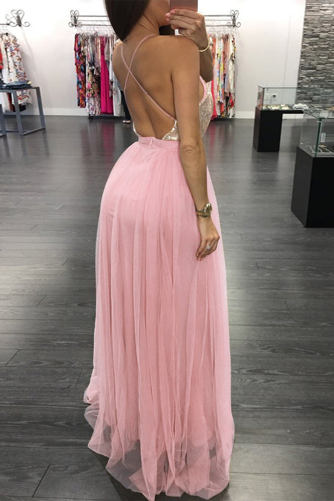 Spaghetti Strap V-Neck Backless Tulle Prom Dresses with Sequins