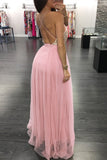 Spaghetti Strap V-Neck Backless Tulle Prom Dresses with Sequins