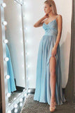 A-Line Spaghetti Straps Floor-Length Black Prom Dresses with Lace Split N1486