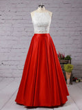 Two Piece Red Square Neck Satin with Appliques Lace Prom Dresses N426