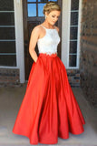 Fashion Red Two Piece Square Neck Satin with Appliques Lace Prom Dress Long,N426