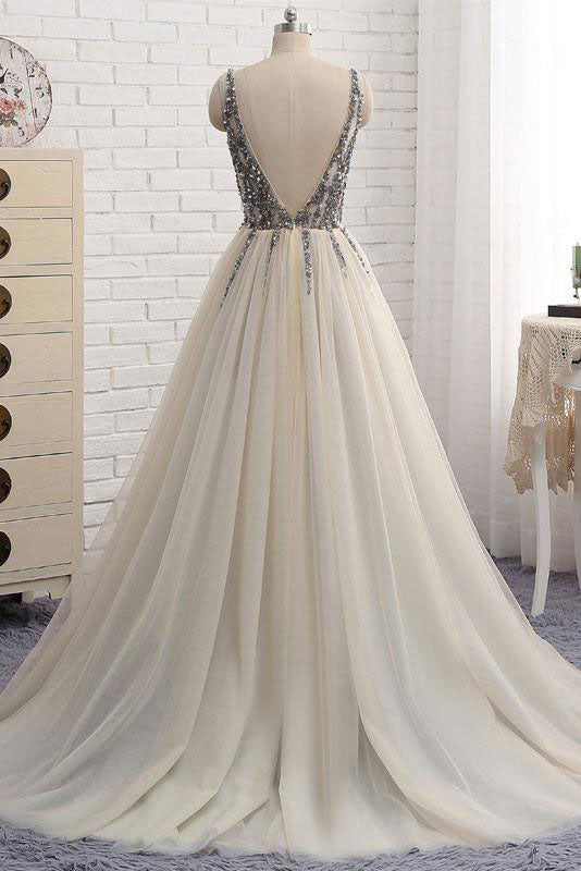 Sexy Deep V-Neck Sleeveless Tulle Prom Dresses with Sequins N419