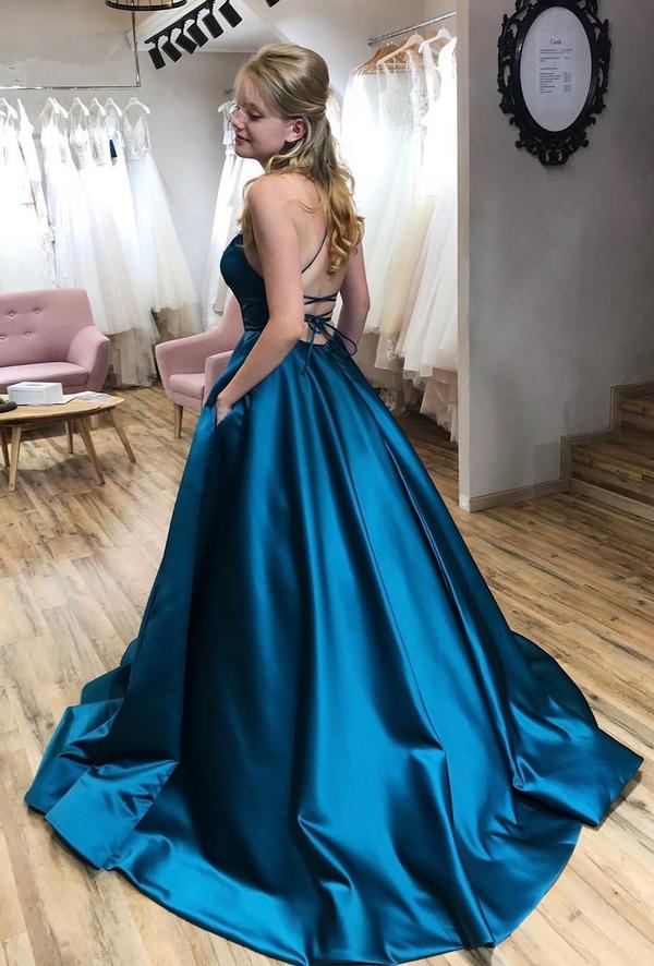 Ink Blue A-Line Satin Spaghetti Straps Pageant Dance Dress School Party Gown Long Prom Dress