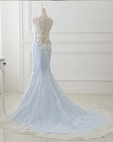 Gorgeous Mermaid Blue Sweep Train Lace Appliques Wedding Dresses