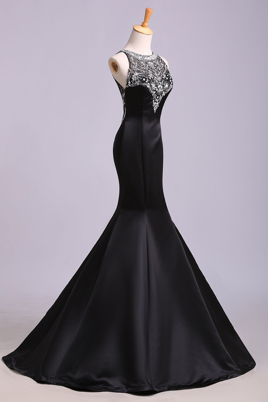 Black Mermaid Sleeveless Beaded Satin Prom Dresses Long Evening Dresses N1199