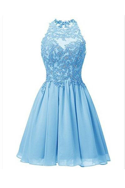 Sky Blue Jewel Sleeveless Chiffon Homecoming Dress with Beads,Applique Backless Prom Dress
