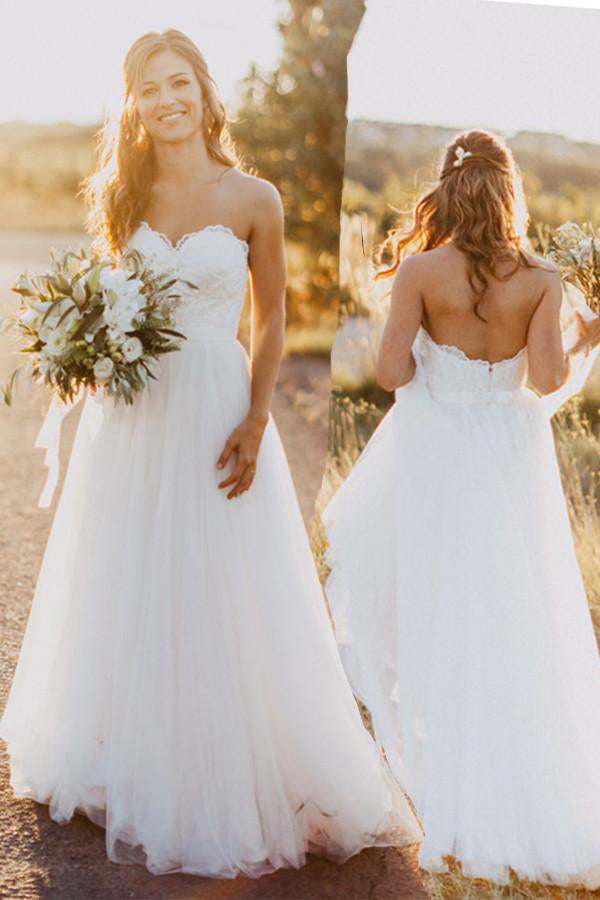 Sexy Sweetheart White Tulle Backless Beach Wedding Dress with Lace,Long Bridal Dresses,N346