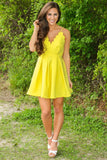 A-line V-Neck Yellow Spaghetti Straps Ruched Homecoming Dress,Mini Satin Party Dresses,N337