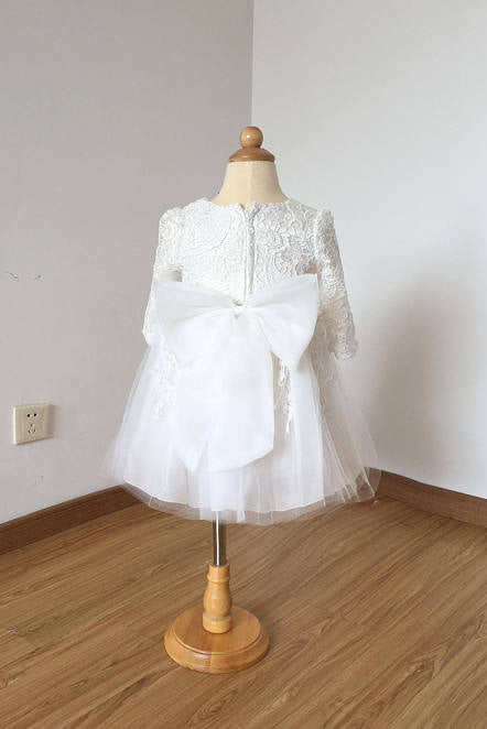 Floor Length Ivory Lace Tulle Long Sleeves Flower Girl Dresses with Bow F020