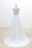 A Line V-Neck Lace Appliqued Tulle Wedding Dresses with V-Cut Back Beach Wedding Dresses N818
