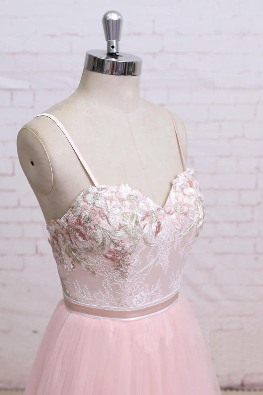 Spaghetti Straps Pink Lace Flora Tulle Sweetheart Backless Wedding Dresses Prom Dresses N820
