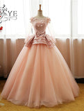 Ball Gown Long Sleeve Tulle Prom Dresses with Flowers Puffy Quinceanera Dresses N1042