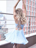 A Line Halter Criss-Cross Straps Blue Chiffon Homecoming Dress with Pleats