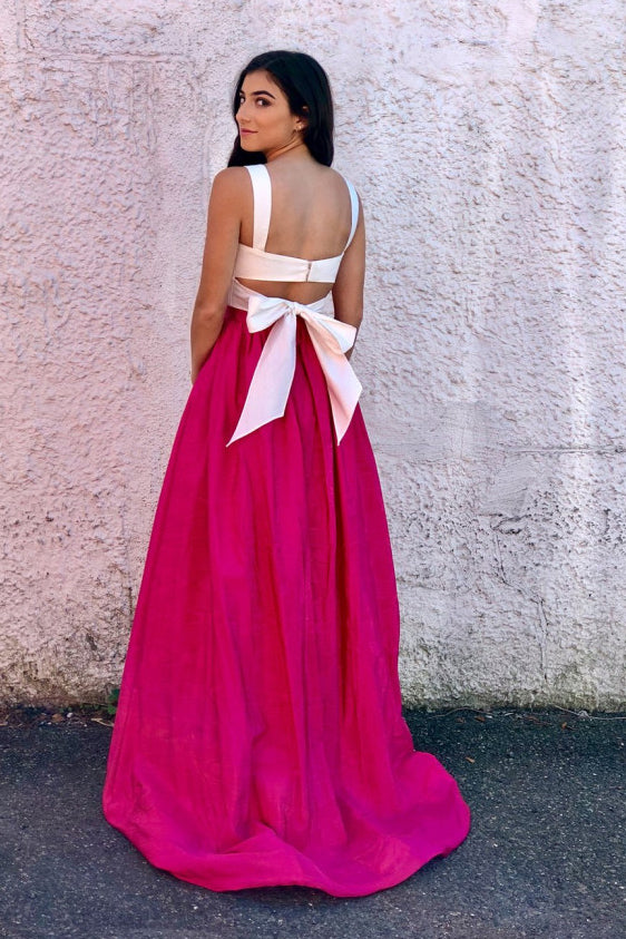 Fuchsia Two Piece Strap Prom Dresses With White Top Long Sexy Formal Dresses with Bowknot N1170