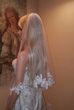 Elegant Simple Short White Illusion Tulle Veil with Raw Edges and Lace Appliques+Comb,V003