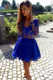 A-Line V-Neck Long Sleeves Royal Blue Chiffon Lace Homecoming Dress,Royal Blue Party Dress,N303