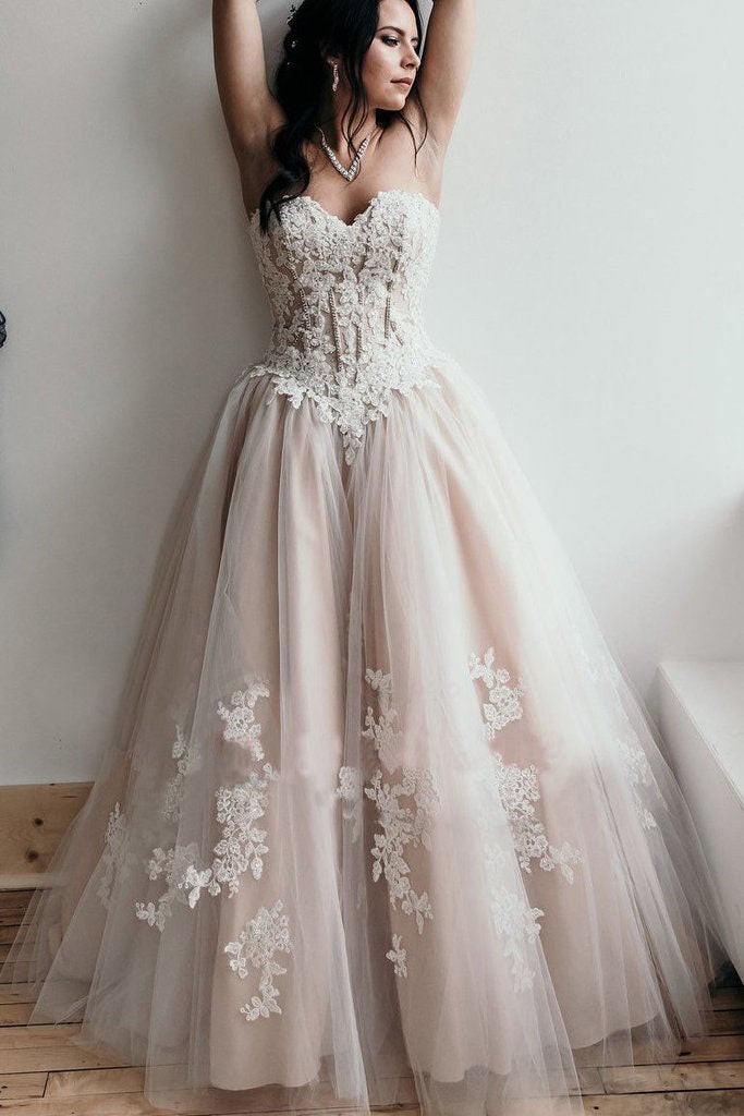 Floor Length Sweetheart Tulle Wedding Dress with Lace Appliques, Long Prom Dress N1581