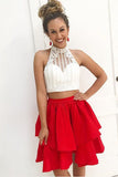 Two Piece High Neck Sleeveless Tiered Homecoming Dresses with Beads,A-line Party Dress,N376