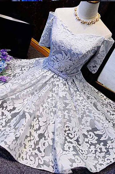 Fashion A-line Off-the-shoulder 1/2 Sleeve Lace Homecoming Dresses with Bowknot