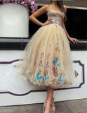 Sexy Strapless Ball Gown Tea-Length Tulle Prom Dresses N427