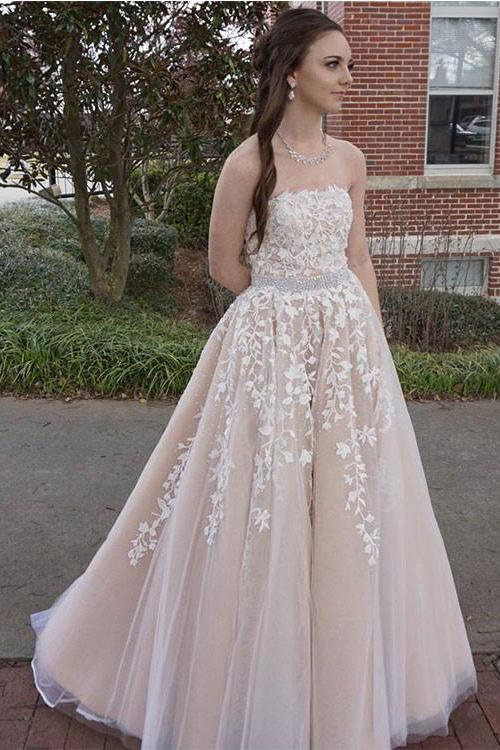 Princess A Line Strapless Tulle Long Prom Dresses with Lace Appliques Wedding Dresses N1656