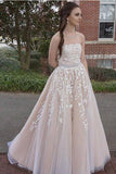 Princess A Line Strapless Tulle Long Prom Dresses with Lace Appliques Wedding Dresses N1656