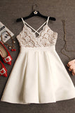 Spaghetti Straps Ivory V-neck Lace Top Satin Homecoming Dresses,Mini Cheap Prom Dress,N268
