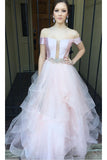 Asymmetrical Long Prom Dress, Princess Off the Shoulder Light Pink Prom Dresses