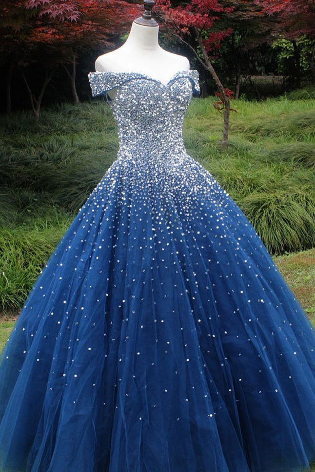 Sparkle Off the Shoulder Blue Ball Gown Prom Dresses, Puffy Tulle Quinceanear Dresses N2169
