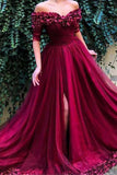 Long Off the Shoulder Half Sleeves Prom Dress with 3D Flowers, Formal Dress with Slit N1415