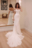 Sexy Off Shoulder Appliqued Beach Wedding Dress with Court Train, Ivory Bridal Dress