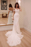 Sexy Off Shoulder Appliqued Beach Wedding Dress with Court Train, Ivory Bridal Dress