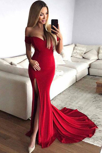 Red Off the Shoulder Split Mermaid Prom Dress, Long Formal Dresses with Slit N1685