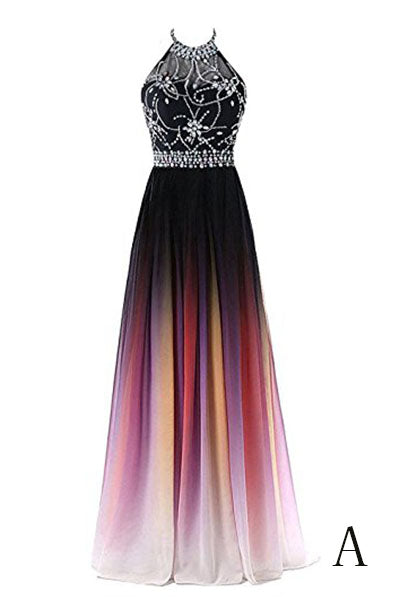 A-line Halter Gradient Chiffon Long Prom Dress Ombre Beads Evening Dresses,N662