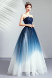 Ombre Strapless A Line Long Prom Dress, Blue Ombre Graduation Dress with Lace Up Back N1700