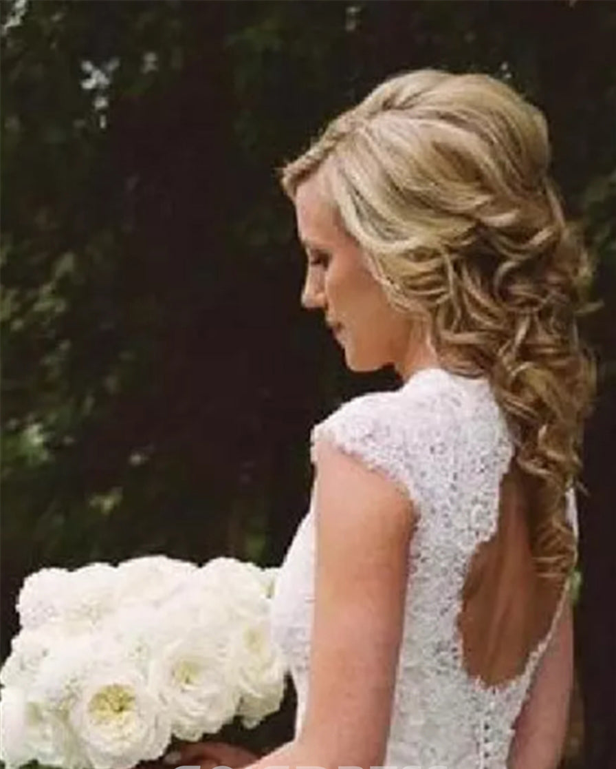 A Line V-Neck Cap Sleeves Open Back Lace Beach Wedding Dress Bridal Gown N557