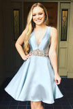 A-Line V-neck Light Blue Satin Homecoming Dress with Beading, Sexy Short Prom Dress N1837