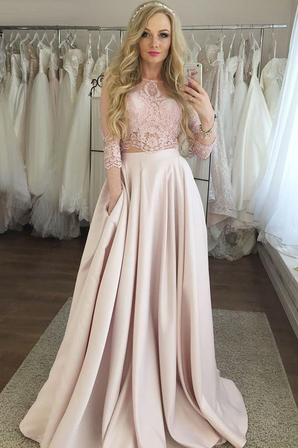 Pearl Pink Two Piece Prom Dresses with Lace 3/4 Sleeves Long Formal Dresses with Pockets N1611