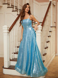 A-Line Sequins Spaghetti Straps Sleeveless Long Prom Dresses OK1851