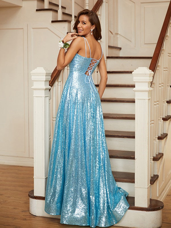 A-Line Sequins Spaghetti Straps Sleeveless Long Prom Dresses OK1851
