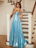 A-Line Sequins Spaghetti Straps Sleeveless Long Prom Dresses OK1851