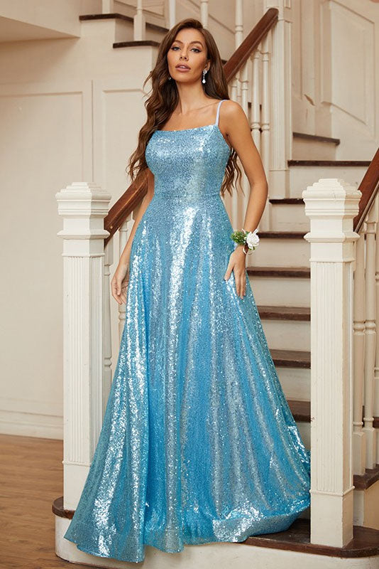 A-Line Sequins Spaghetti Straps Sleeveless Long Prom Dresses OK1851