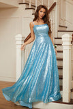 A-Line Sequins Spaghetti Straps Sleeveless Long Prom Dresses OK1851