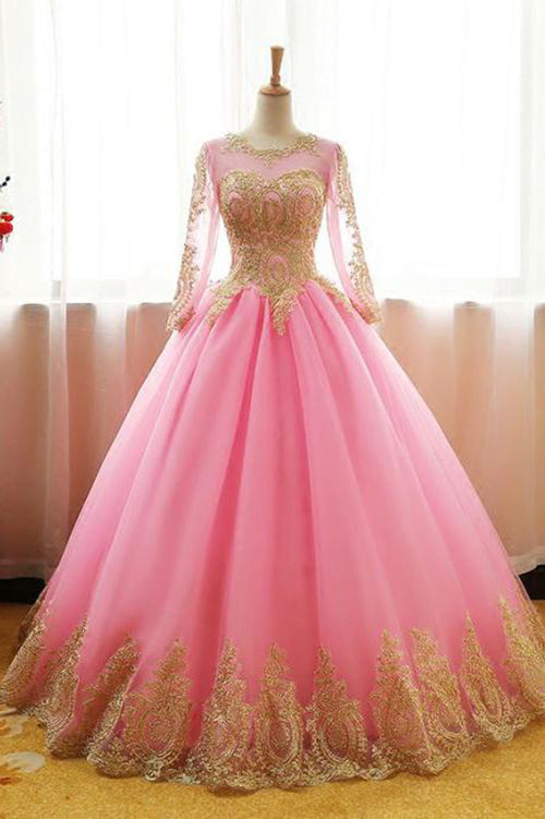 Ball Gown Pink Tulle Prom Dress with Gold Appliques, Long Sleeves Quinceanera Dress