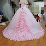 Pink Ball Gown Princess Off-the-shoulder Handmade Flower Wedding Dress N479