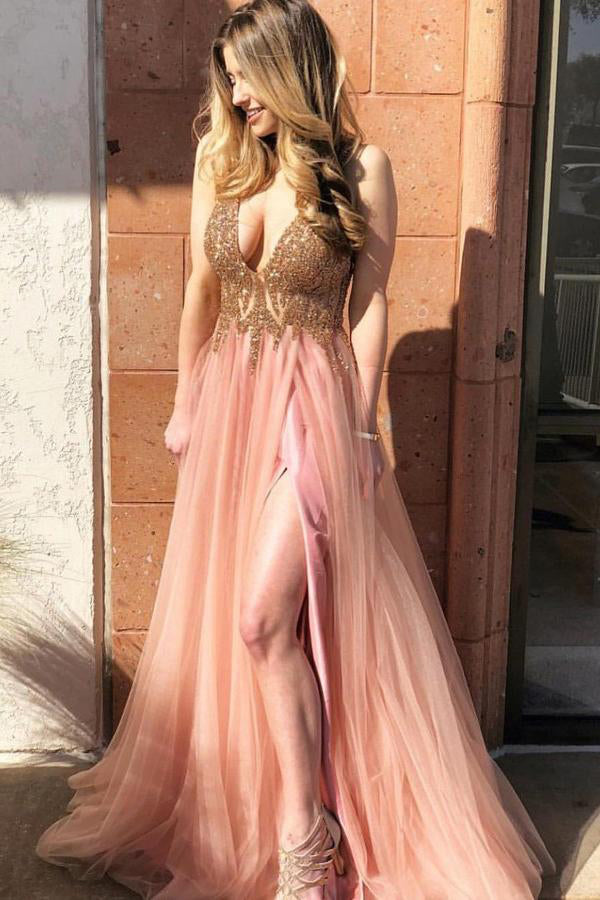 Sexy Deep V Neck Sleeveless Tulle Long Prom Dress, A Line Beading Formal Dresses N1612
