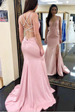 Sexy Mermaid Pink Prom Dress with Split, Criss-Cross Back Long Evening Dress